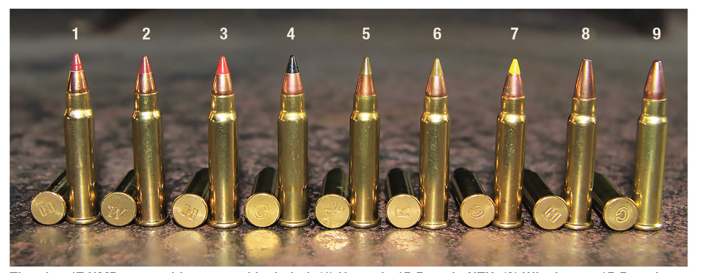 The nine 17 HMR ammunitions tested included: (1) Hornady 15.5-grain NTX, (2) Winchester 15.5-grain Varmint LF, (3) Hornady 17-grain V-MAX, (4) CCI 17-grain Polymer Tip, (5) Browning 17-grain BPR Polymer Tip, (6) Remington 17-grain Premier Magnum Rimfire AccuTip-V BT, (7) CCI 17-grain VNT Polymer Tip, (8) Hornady XTP hollowpoint and (9) CCI FMJ Small game.